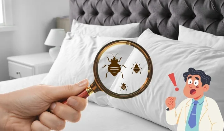 Lupa nad poduszką ujawniająca pluskwy; obok zaskoczona postać