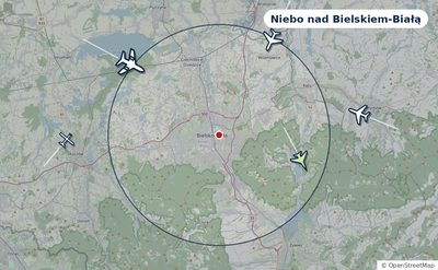 Mapa okolic miasta z sylwetkami samolotów — Niebo nad Bielskiem-Białą na żywo