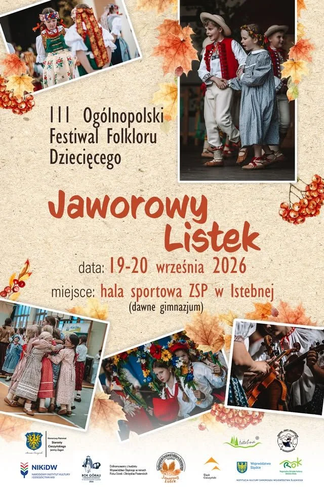Grafika promocyjna wydarzenia 3. Ogólnopolski Festiwal Folkloru Dziecięcego „Jaworowy Listek”