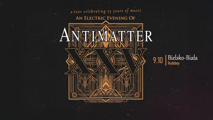 Obrazek przedstawia grafikę promocyjną wydarzenia Antimatter w Bielsku-Białej — koncert 9 października 2025 w klubie RUDEBOY