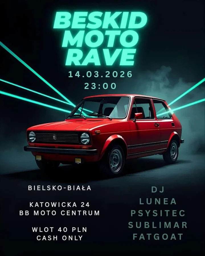 Grafika promocyjna wydarzenia Beskid Moto Rave — Bielsko-Biała, 14 marca 2026