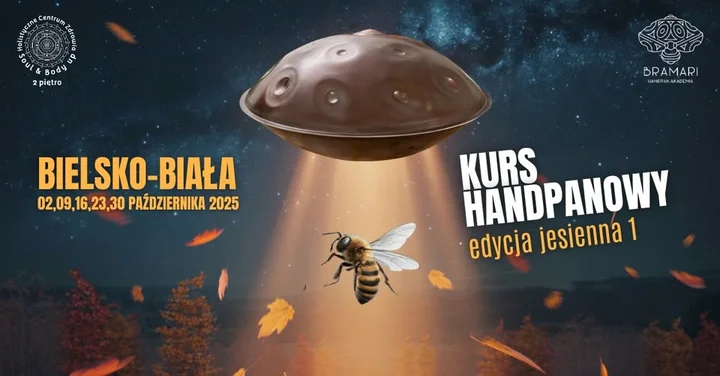 Obrazek przedstawia grafikę promocyjną wydarzenia Jesienny kurs gry na handpanie w Bielsku-Białej