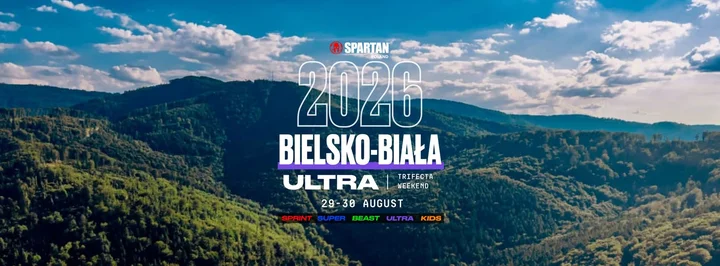 Obrazek przedstawia grafikę promocyjną wydarzenia Spartan Ultra Trifecta Weekend w Bielsku-Białej — bieg przeszkodowy ultra