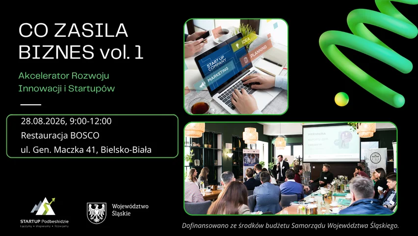 Grafika promocyjna wydarzenia Co zasila biznes vol. 1 Akcelerator Rozwoju i Innowacji Startupowych (ARIS)