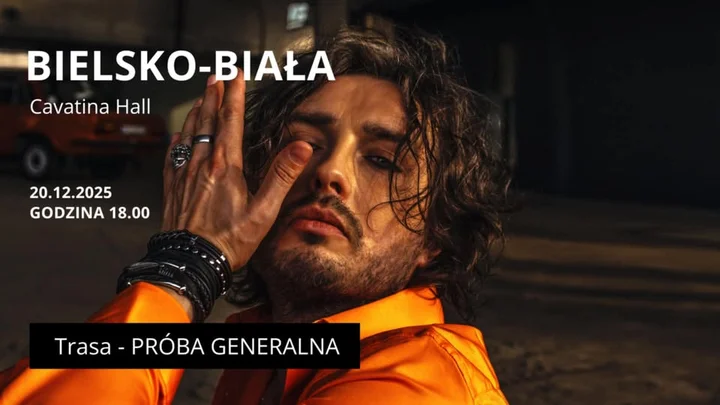 Obrazek przedstawia grafikę promocyjną wydarzenia Piotr Cugowski — próba generalna przed premierą w Bielsku-Białej