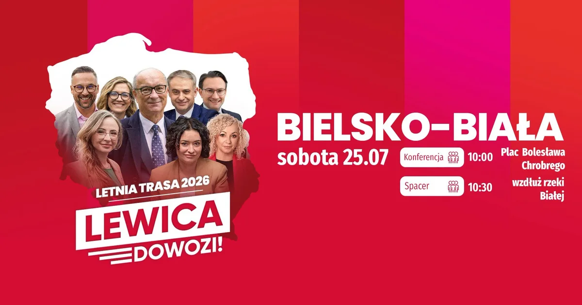 Grafika promocyjna wydarzenia Letnia Trasa Lewicy w Bielsku-Białej – spotkanie