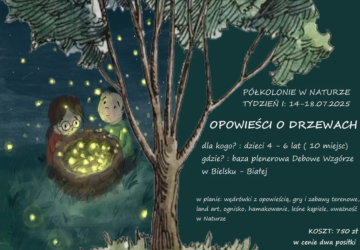 Grafika promocyjna wydarzenia Letnie półkolonie edukacyjne w lesie pod Dębowcem w Bielsku-Białej