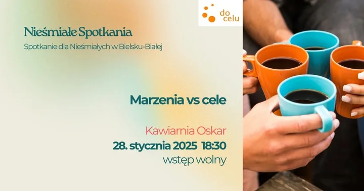 Grafika promocyjna wydarzenia Nieśmiałe Spotkania. Bielsko-Biała — rozmowy o nieśmiałości i budowaniu pewności siebie