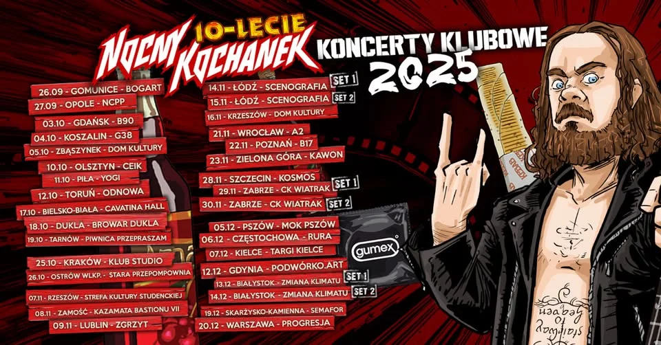 Obrazek przedstawia grafikę promocyjną wydarzenia Koncert jubileuszowy zespołu Nocny Kochanek w Bielsku-Białej