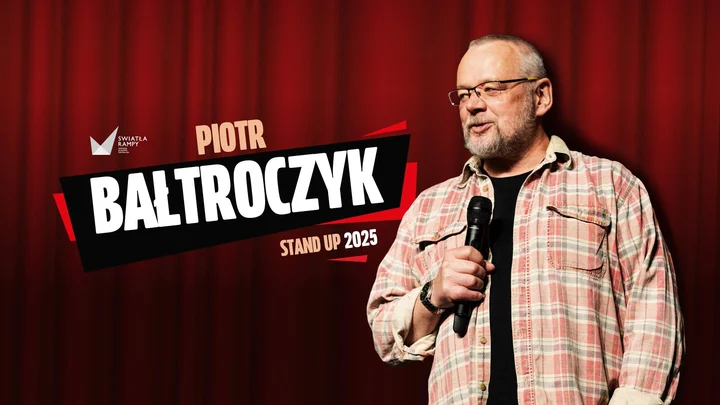 Obrazek przedstawia grafikę promocyjną wydarzenia Stand-up Piotra Bałtroczyka w Bielsku-Białej
