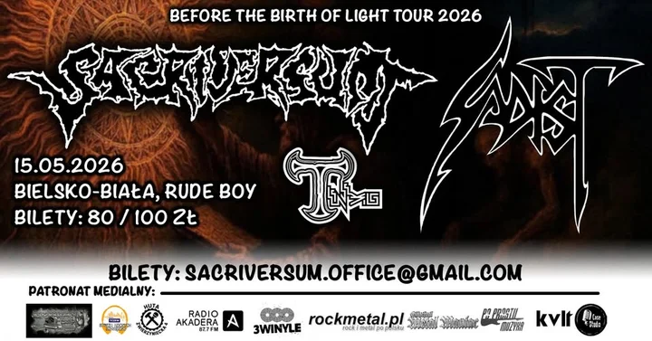 Grafika promocyjna wydarzenia SACRIVERSUM: SADIST i TENEBRIS w Klubie Rude Boy (15 maja)