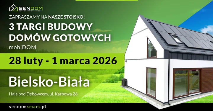 Grafika promocyjna wydarzenia Sendom na Targach Budowy Domów Gotowych mobiDOM – Bielsko‑Biała 2026