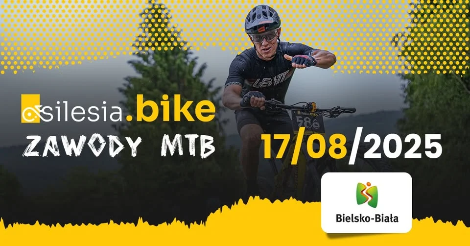 Obrazek przedstawia grafikę promocyjną wydarzenia Maraton rowerowy w Bielsku-Białej na terenach rekreacyjnych Błonia