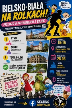Grafika promocyjna wydarzenia Bielsko Biała Rolkuje w Przebraniach z Bajek – bajkowy przejazd rolkowy przez Bielsko-Białą