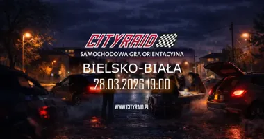 Grafika promocyjna wydarzenia CITYRAID Bielsko‑Biała: samochodowa gra orientacyjna, 28 marca 2026