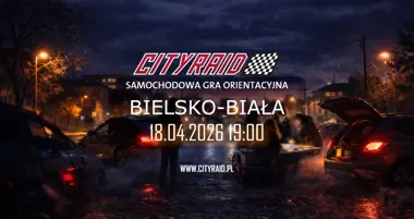 Grafika promocyjna wydarzenia CITYRAID Bielsko-Biała: samochodowa gra orientacyjna z zadaniami i nagrodami