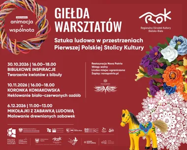 Grafika promocyjna wydarzenia Giełda warsztatów sztuki ludowej w Bielsku-Białej