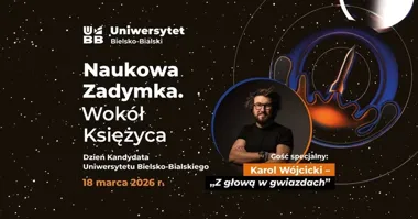 Grafika promocyjna wydarzenia Naukowa Zadymka. Wokół Księżyca — Dzień Kandydata Uniwersytetu Bielsko-Bialskiego