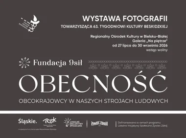 Grafika promocyjna wydarzenia Obecność – obcokrajowcy w polskich strojach ludowych