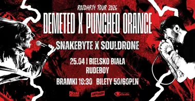 Grafika promocyjna wydarzenia ROZDARTY TOUR 2026 — PUNCHED ORANGE x DEMETED x SNAKEBYTE x SOULDRONE w Bielsku-Białej