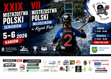 Grafika promocyjna wydarzenia XXIX Mistrzostwa Polski Seniorów oraz VII Mistrzostwa Polski Młodzików w Kajak Polo