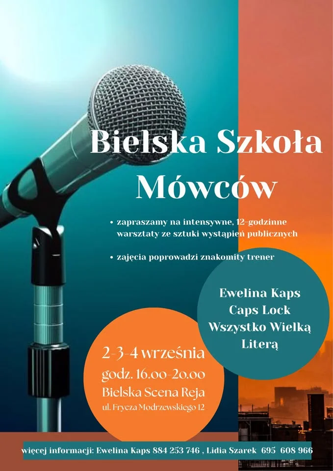 Grafika promocyjna wydarzenia Bielska Szkoła Mówców – warsztaty wystąpień