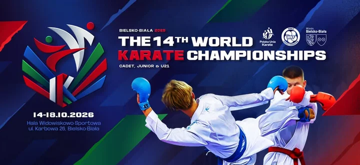 Grafika promocyjna wydarzenia World Karate Championships 2026 Cadet, Junior, U21 Bielsko-Biała — mistrzostwa świata młodzieży w karate